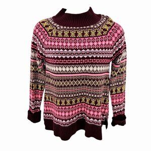 NEW YORK & COMPANY FAIR ISLE KNIT MOCK NECK MAROON MULTI COLOR SWEATER  - L